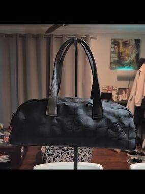 Authentic Chanel New Travel Line Mini Boston Bag Black Jacquard Nylon Vintage